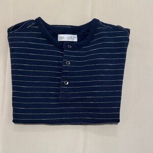 Zara Men's Dark Blue Striped Button Down Shirt